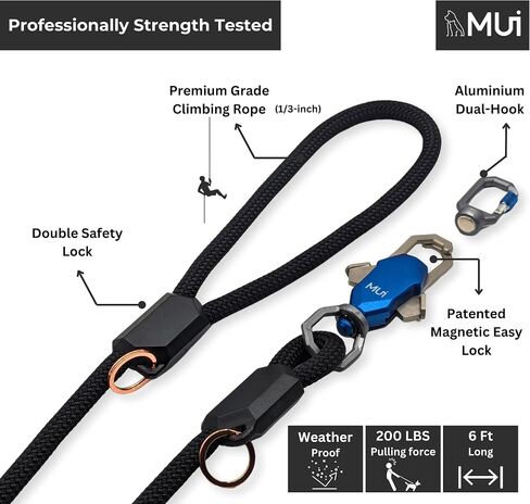 Magnetic Dog Leashes for Large Dogs Heavy Duty, Premium 6 Foot Dog Leash with Easy Dual-Hook Connection Works with Any Collar or Harnesses, Tangle-Free, Strong and Secure Dog Lead by MUI (1/3 inch) in Saudi Arabia