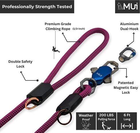 Magnetic Dog Leashes for Large Dogs Heavy Duty, Premium 6 Foot Dog Leash with Easy Dual-Hook Connection Works with Any Collar or Harnesses, Tangle-Free, Strong and Secure Dog Lead by MUI (1/3 inch) in Saudi Arabia