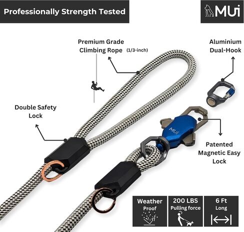 Magnetic Dog Leashes for Large Dogs Heavy Duty, Premium 6 Foot Dog Leash with Easy Dual-Hook Connection Works with Any Collar or Harnesses, Tangle-Free, Strong and Secure Dog Lead by MUI (1/3 inch) in Saudi Arabia