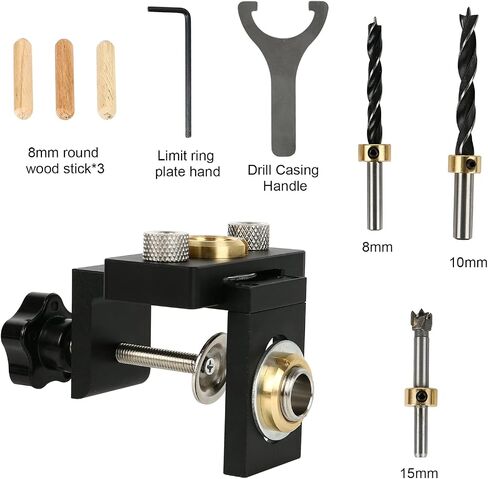 3 in 1 Dowel Jig Drill Kit Woodworking Dowel Drill Guide Set with 8/10/15mm Hole Dowel Pins Pocket Hole Jig with Puncher Locator for Embedded Nuts, Bolts and Eccentric Nuts, Wooden Joint in Saudi Arabia