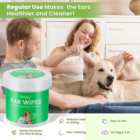 Tinioey Dog Ear Wipes for Dogs (150 Count) | Plant-Based Cat Dog Ear Cleaner Wipes Cleaning Solution to Remove Dirt and Ear Wax, Relieve Itching, Shaking Head & Inflammation in Saudi Arabia
