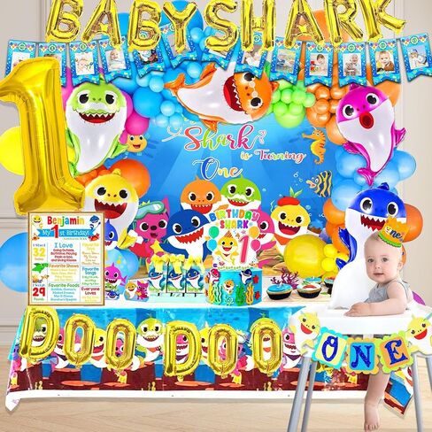 ديكورات عيد ميلاد بيبي شارك، بيبي شارك دو دو دو، ديكورات عيد الميلاد الأول من بيبي شارك، بالونات بيبي شارك، لافتة صور، أعلى الكعكة، خلفية بيبي شارك لزينة عيد الميلاد الأول للصبي. in Kuwait