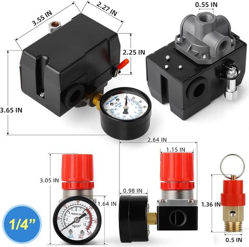 صمام التحكم في مفتاح ضغط ضاغط الهواء من MEANLIN MEASURE 135-175 PSI 110V-240V قطع غيار رباعية الاتجاهات مع منظم ضاغط الهواء 0-180 Psi وصمام تخفيف الضغط الآمن in Kuwait