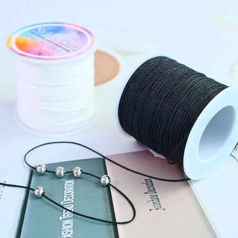 Ewparts سلسلة سوار لصنع السوار أسود + أبيض 2 لفة 1 مم 218 ياردة سلك نايلون أسود لحرف سوار الصداقة المكسيكية، الديكور، القلائد، مكرامية، صناعة المجوهرات 1 مم سلك خشخشة من الساتان in Kuwait