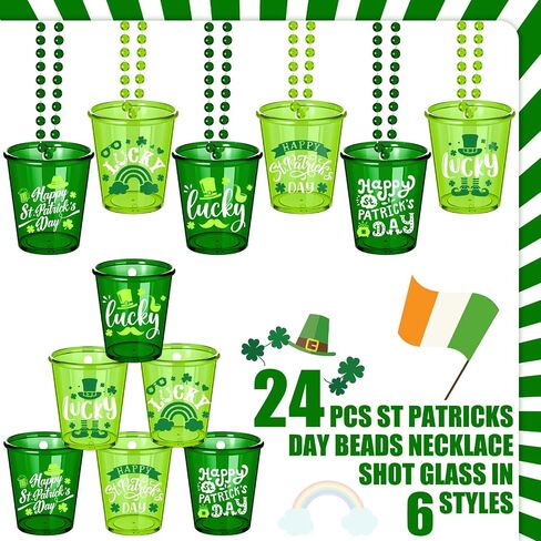 24 Pcs St. Patrick's Day Shot Glass Necklaces Shot Glass on Beaded Necklace Green Shamrock Bead Necklace Shot Glass St Patrick's Day Lucky Party Beer Cups for St. Patrick's Day Party Favors, 6 Styles in Saudi Arabia