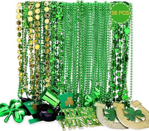 Hysagtek 38 قطعة من قلادات عيد القديس باتريك، 11 نوعًا من إكسسوارات خرز عيد القديس باتريك، خرز أخضر شامروك كوب البيرة عملات معدنية وقبعة بكميات كبيرة من أجل لوازم حفلات العرض in Kuwait