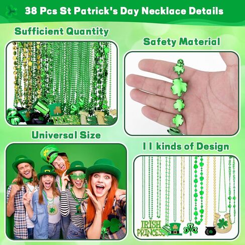 Hysagtek 38 قطعة من قلادات عيد القديس باتريك، 11 نوعًا من إكسسوارات خرز عيد القديس باتريك، خرز أخضر شامروك كوب البيرة عملات معدنية وقبعة بكميات كبيرة من أجل لوازم حفلات العرض in Kuwait