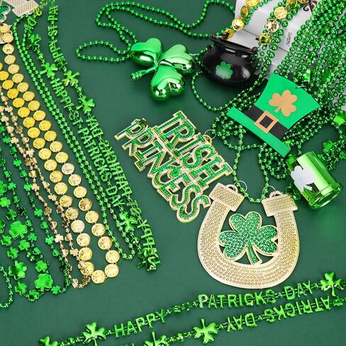 Hysagtek 38 قطعة من قلادات عيد القديس باتريك، 11 نوعًا من إكسسوارات خرز عيد القديس باتريك، خرز أخضر شامروك كوب البيرة عملات معدنية وقبعة بكميات كبيرة من أجل لوازم حفلات العرض in Kuwait