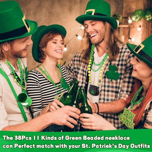 Hysagtek 38 قطعة من قلادات عيد القديس باتريك، 11 نوعًا من إكسسوارات خرز عيد القديس باتريك، خرز أخضر شامروك كوب البيرة عملات معدنية وقبعة بكميات كبيرة من أجل لوازم حفلات العرض in Kuwait