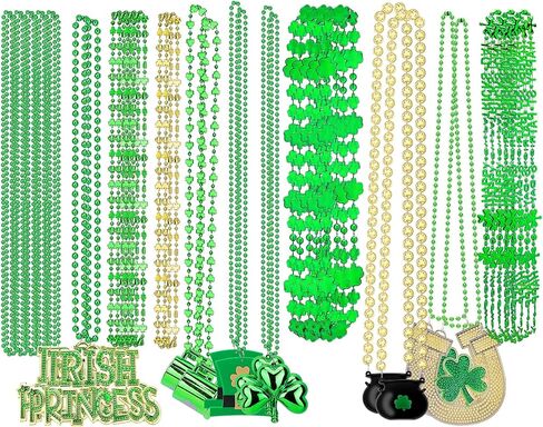 Hysagtek 38 قطعة من قلادات عيد القديس باتريك، 11 نوعًا من إكسسوارات خرز عيد القديس باتريك، خرز أخضر شامروك كوب البيرة عملات معدنية وقبعة بكميات كبيرة من أجل لوازم حفلات العرض in Kuwait