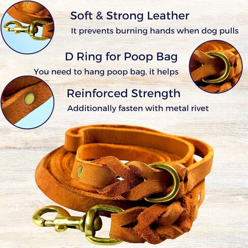 Braided Leather Dog Leash 10 Foot - Full Grain Heavy Duty Dog Leashes for Large Medium Small Dogs. 10 Ft Soft Leather Lead | Best for Training Hiking Walking Actual Size (Dark Brown) in Kuwait