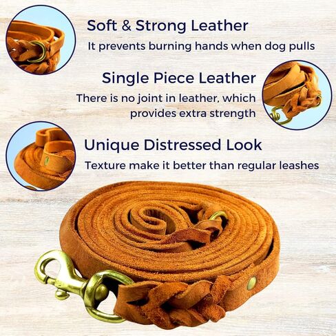 Braided Leather Dog Leash 10 Foot - Full Grain Heavy Duty Dog Leashes for Large Medium Small Dogs. 10 Ft Soft Leather Lead | Best for Training Hiking Walking Actual Size (Dark Brown) in Kuwait