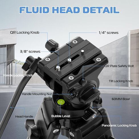 ULANZI MT-81 حامل ثلاثي احترافي للفيديو شديد التحمل مع رأس سائل، مقلاة 360 درجة و-75 درجة/+90 درجة رأس إمالة، موزع متوسط ​​المستوى، ساق أنبوبية مزدوجة من الألومنيوم لكاميرات الفيديو DSLR، 61 بوصة أقصى تحميل 17.6 رطل in Kuwait