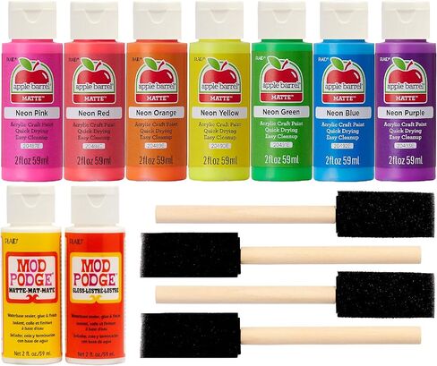 PROMOABN22 نيون، مجموعة مكونة من 13 قطعة يمكنك صنعها بنفسك تتميز بـ 7 ألوان، و2 سدادات أكريليك مود بودج و4 فرش إسفنجية، متعددة وصغيرة in Kuwait