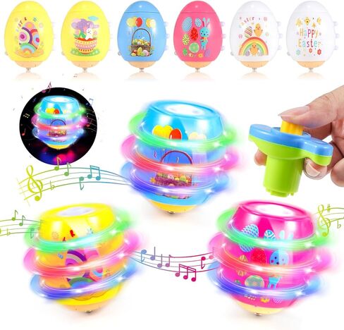 حشوات سلة عيد الفصح للأطفال الصغار، هدايا لعبة بيض عيد الفصح المضيئة للأطفال، Utbttor 6 قمم دوارة لبيض عيد الفصح مع فلاش وموسيقى، هدايا عيد الفصح للأطفال، جائزة صيد بيض عيد الفصح، حشو حقيبة جودي للأطفال in Kuwait