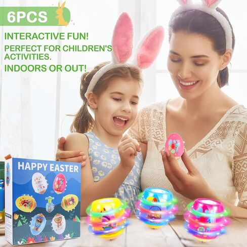 حشوات سلة عيد الفصح للأطفال الصغار، هدايا لعبة بيض عيد الفصح المضيئة للأطفال، Utbttor 6 قمم دوارة لبيض عيد الفصح مع فلاش وموسيقى، هدايا عيد الفصح للأطفال، جائزة صيد بيض عيد الفصح، حشو حقيبة جودي للأطفال in Kuwait