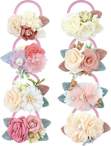 8 Pack Decorative Pearl Flower Hair Ties Rubber Bands Elastics Stretchy Floral Hair Scrunchies Pigtail Ponytail Holders for Baby Girls Infants Toddlers Kids Teens in Saudi Arabia