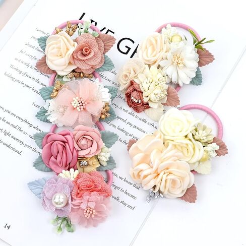 8 Pack Decorative Pearl Flower Hair Ties Rubber Bands Elastics Stretchy Floral Hair Scrunchies Pigtail Ponytail Holders for Baby Girls Infants Toddlers Kids Teens in Saudi Arabia