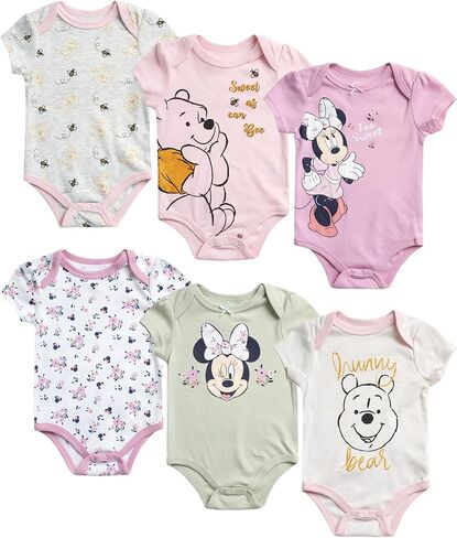 Disney Baby Girls Minnie Mouse & Winnie the Pooh 6 Pack Short Sleeve Bodysuits (Newborn, 0-9 Months) in Saudi Arabia