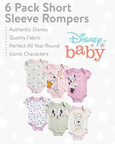 Disney Baby Girls Minnie Mouse & Winnie the Pooh 6 Pack Short Sleeve Bodysuits (Newborn, 0-9 Months) in Saudi Arabia