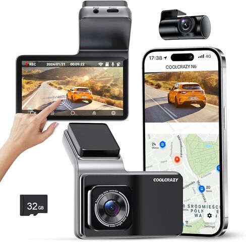 N6 Dash Cam أمامية وخلفية، واي فاي مدمج GPS 4K+1080P كاميرا داش مزدوجة للسيارات، شاشة لمس IPS 3 بوصة، زاوية واسعة 170 درجة، رؤية ليلية، شاشة وقوف السيارات 24 ساعة، مستشعر الجاذبية، تسجيل حلقي in Kuwait