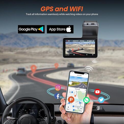 N6 Dash Cam أمامية وخلفية، واي فاي مدمج GPS 4K+1080P كاميرا داش مزدوجة للسيارات، شاشة لمس IPS 3 بوصة، زاوية واسعة 170 درجة، رؤية ليلية، شاشة وقوف السيارات 24 ساعة، مستشعر الجاذبية، تسجيل حلقي in Kuwait