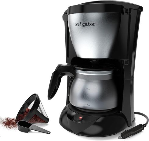 ماكينة صنع القهوة في السيارة 5 أكواب مع ولاعة سجائر لشحن السيارة، ماكينة صنع القهوة للسفر 24 فولت مع تسخين سريع، إبريق من الفولاذ المقاوم للصدأ، متوافقة مع القهوة المطحونة للقيادة RV (أسود فضي) in Kuwait