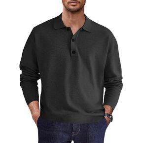 Mens Casual Knit Polo Shirt Classic Long Sleeve Thermal Basic Button Down Golf Shirts