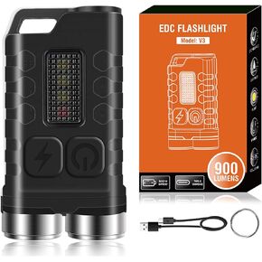 Mini EDC Flashlight, 900 High Lumen Keychain Flashlights, Rechargeable Pocket LED Flashlight with Red UV Blue Light - 12 Modes, IP65 Water Resistant, USB-C, Tail Magnet (Transparent)