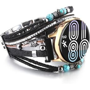 Leather Bands Compatible with Samsung Galaxy Watch 7/FE/6/5/4/3 Band/40mm 44mm/Active 2/Galaxy Watch 5 Pro/Watch 7&6&4 Classic 43mm/47mm/42mm/46mm, 20mm Boho Bracelet Multilayer Wrap Strap for Women Men(Black/Silver/Gold)