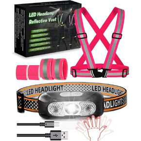 Reflective Vest with LED Headlamp,6 Pack Light Up Reflective Running Gear with Motion Sensor Rechargeable Headlamp ,High Visibility Reflector Armbands for Running,Hiking,Walking,Cycling, Repairing