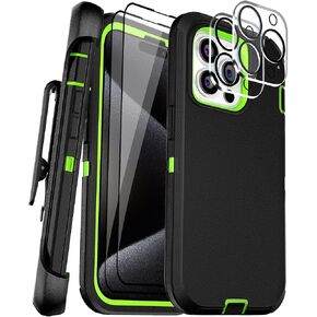 for iPhone 14 Case 6.1" Belt-Clip Kickstand with 2 Screen Protector & 2 Camera Lens Protector, Full Body Protection Heavy Duty Case Cover (Black Green+Clip) in Kuwait