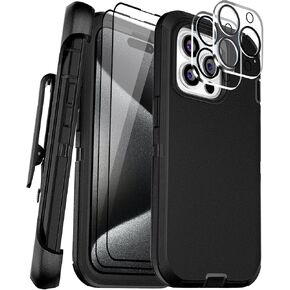 حافظة لهاتف iPhone 15 Pro Max مقاس 6.7 بوصات مع واقي شاشة من الزجاج المقسى و2 واقي لعدسة الكاميرا، حافظة هاتف متينة للحماية الكاملة وغطاء مقاوم للسقوط من الدرجة العسكرية (أسود + وردي)