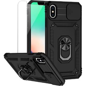 for iPhone XS Max Case with Camera Lens Cover HD Screen Protector, Dual Layer Military Grade Drop Protection Magnetic Ring Holder Kickstand Protective Phone Case for iPhone XS Max 6.5 inch (Navy Blue)