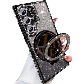for Samsung Galaxy S24 Ultra Magnetic Kickstand Glitter Case, [Compatible with Magsafe] Bling Sparkly Rhinestone with Camera Protector Makeup Mirror Women Girls Case for Galaxy S24 Ultra,Pink