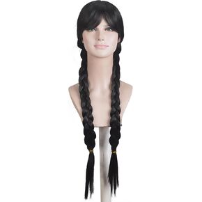 Halloween Women's Wig 17" Long Black Braided Strap Freestyle Bangs and Black Bow Set of 4