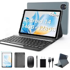 Android 14 Tablet 10 Inch, 4G Cellular Tablet, Octa-Core, 128GB Storage + 14(8+6)GB RAM/ 1TB Expandable, 5G WiFi, 8000mAh Battery, Bluetooth 5.0, 13MP+8MP Camera, Tablet with Keyboard/Case Kit, Gray