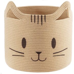 Cat Storage Basket for Baby Toy, Baby Gift Baskets, Nursery Baby Shower Basket, Woven Cotton Rope Animal Storage Basket for Kids, Empty Gift Basket with Handles - 12" D X 10" H