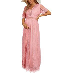 guruixu Floral Lace Long Sleeve Maternity Dress for Photoshoot Baby Shower, Faux Wrap V Neck Ruched Maxi Dresses Light Mocha