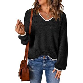 SHEWIN Womens Sweaters Casual Long Sleeve V Neck Lightweight Crochet Pullover Sweater Tops