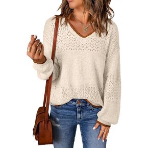 SHEWIN Womens Sweaters Casual Long Sleeve V Neck Lightweight Crochet Pullover Sweater Tops