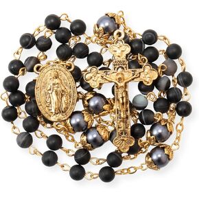 Nazareth Store Catholic Gold Rosary Necklace Matte Stone Beads Green Pearl Round Beads Miraculous Medal & Cross - Velvet Bag
