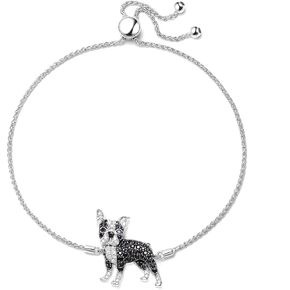 SCAMPER & CO Valentines Day Gifts for Her Cubic Zirconia Link Bracelet, 18K Gold and Gunmetal Plated Sterling Silver Dog Charm, Adjustable Bolo Bracelet, Dog Mom Jewelry for Women