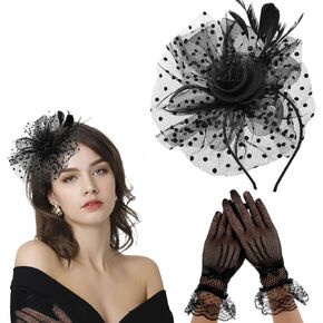 Sibba Tea Party Hat with Lace Gloves 1920s Vintage Fascinator Hats Cocktail Flower Headpiece for Women Girl Black Wedding Ribbons Feather Hair Clip Pillbox Fascinators Hat Church Banquet Cosplay Party