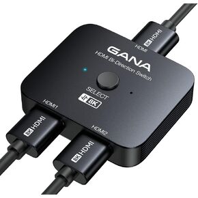 GANA HDMI 2.1 Switch, 8K HDMI Switcher Splitter 2 in 1 Out, Supports 4K@120Hz,8K@60Hz, 48Gbps Aluminum Bi-Directional Ultra HD HDMI Hub Compatible with PS5/4,Xbox,Roku,Apple TV,Fire Stick