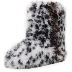 Women's Faux Fur Boots Furry Fuzzy Fluffy Y2k Winter Snow Shoes Puffy Warm Short Mid-Calf Boots for Outdoor-Brown