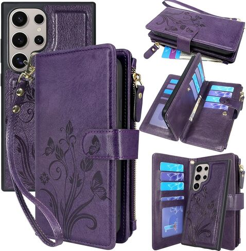 Lacass Case Wallet for Samsung Galaxy S24 Ultra 6.8 inch 2024, [12 Card Slots] ID Credit Cash Holder Zipper Pocket Detachable Leather Wallet Cover with Wrist Strap Lanyard（Floral Blue Purple） in Saudi Arabia