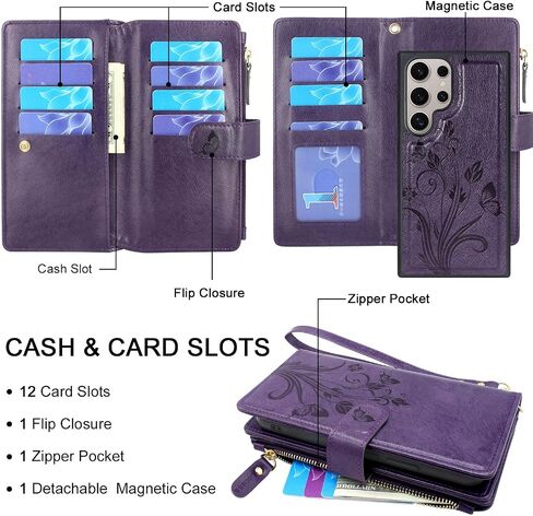 Lacass Case Wallet for Samsung Galaxy S24 Ultra 6.8 inch 2024, [12 Card Slots] ID Credit Cash Holder Zipper Pocket Detachable Leather Wallet Cover with Wrist Strap Lanyard（Floral Blue Purple） in Saudi Arabia