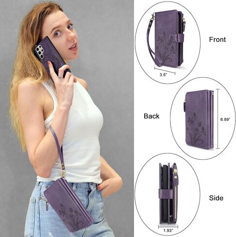 Lacass Case Wallet for Samsung Galaxy S24 Ultra 6.8 inch 2024, [12 Card Slots] ID Credit Cash Holder Zipper Pocket Detachable Leather Wallet Cover with Wrist Strap Lanyard（Floral Blue Purple） in Saudi Arabia