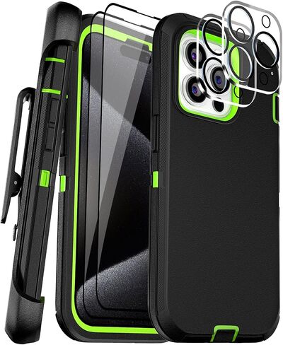 for iPhone 14 Case 6.1" Belt-Clip Kickstand with 2 Screen Protector & 2 Camera Lens Protector, Full Body Protection Heavy Duty Case Cover (Black Green+Clip) in Kuwait